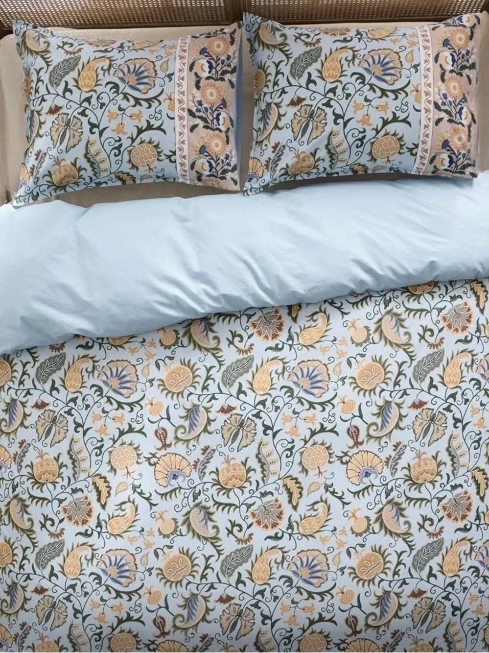 NEW Anthropologie Blue Floral Boho Cotton Queen / King Bedding Duvet & Sham Set